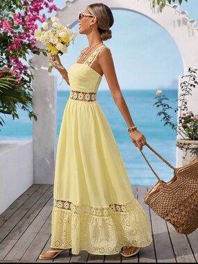 Yellow Lace-Trim Maxi Dress with Cutout Waist